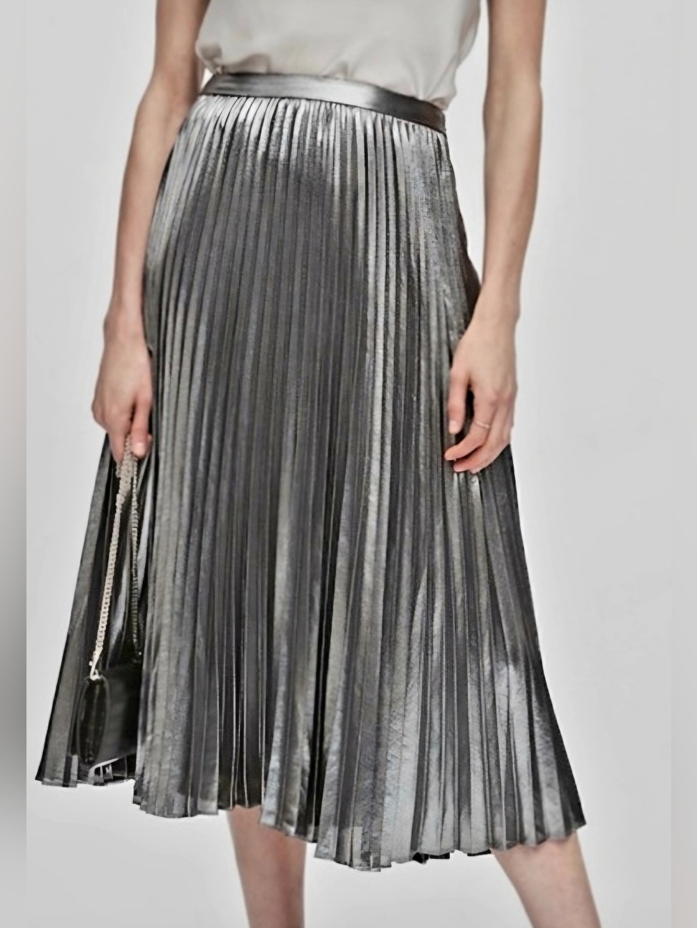 Banana Republic Metallic Silver Pleated Midi Skirt